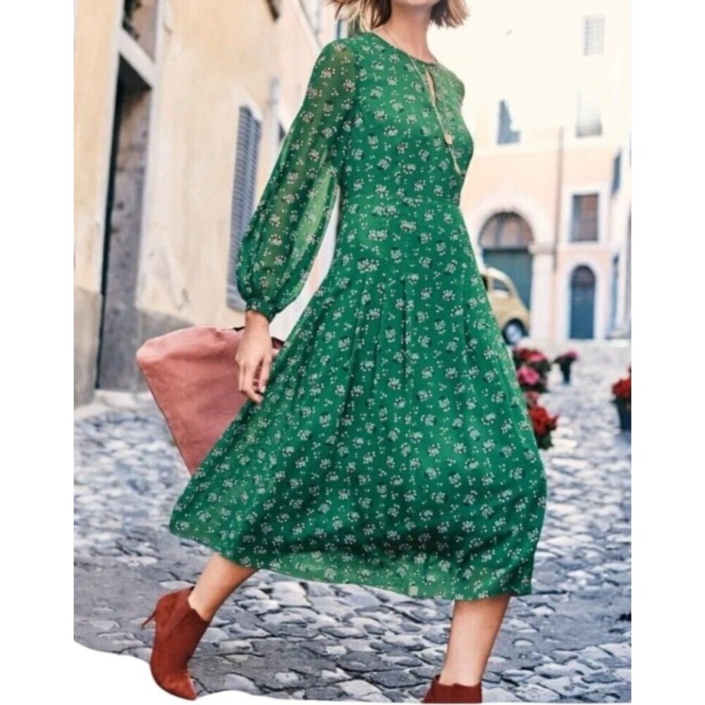 Boden Ada Midi Dress Green Floral With Puff Sleeves keyhole Neckline UK 6P US 2P